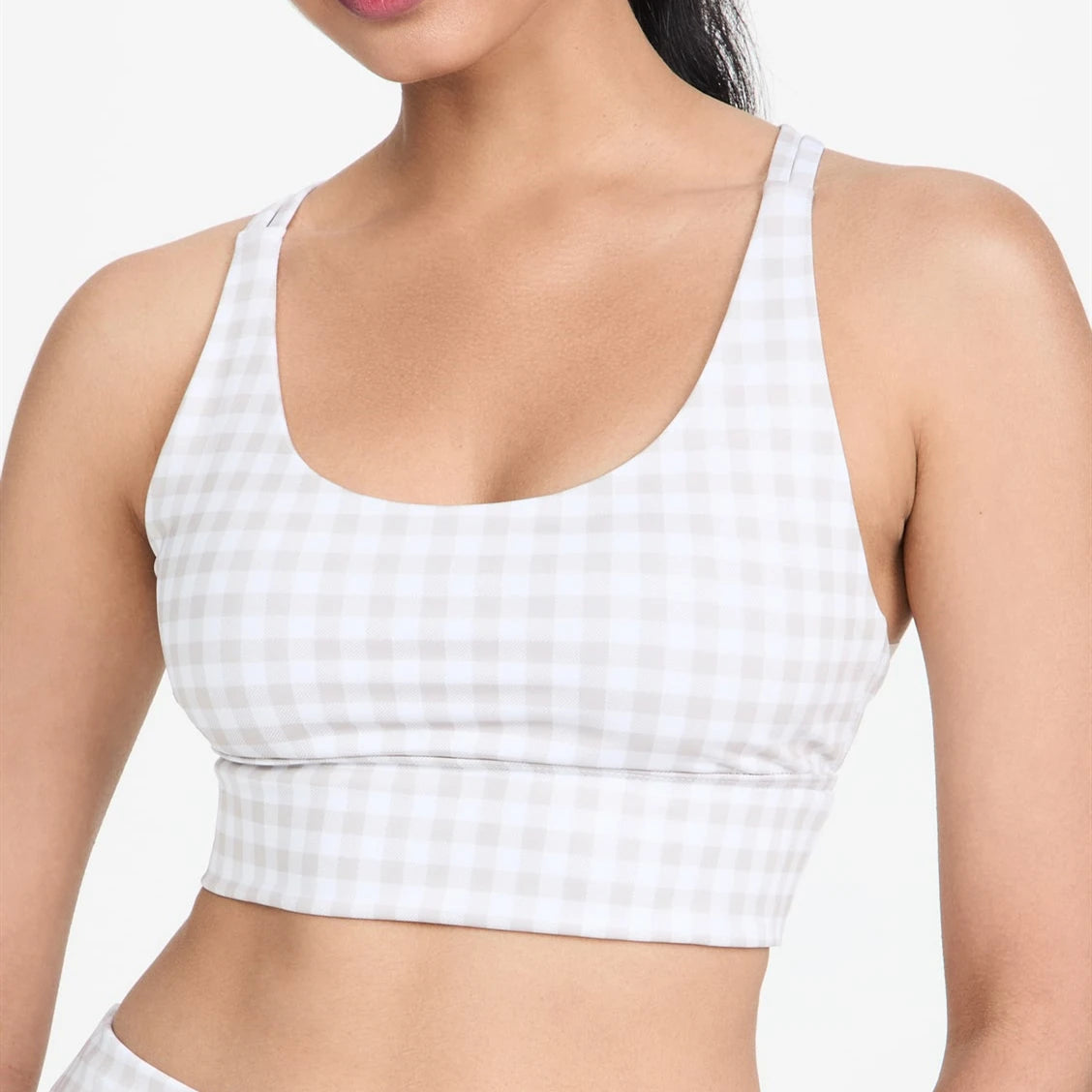 Gingham Print Women Wholesale Custom Fitness Polyester Across Back U Neck Padded Sports Bras
