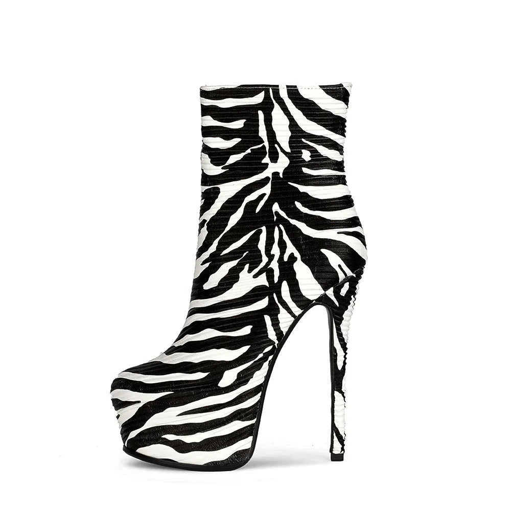 Fashion Trendy Western Zebra Pattern Stiletto High Heels Platform Women Ankle Boots Autumn Winter Arch Support Anti-Slippery