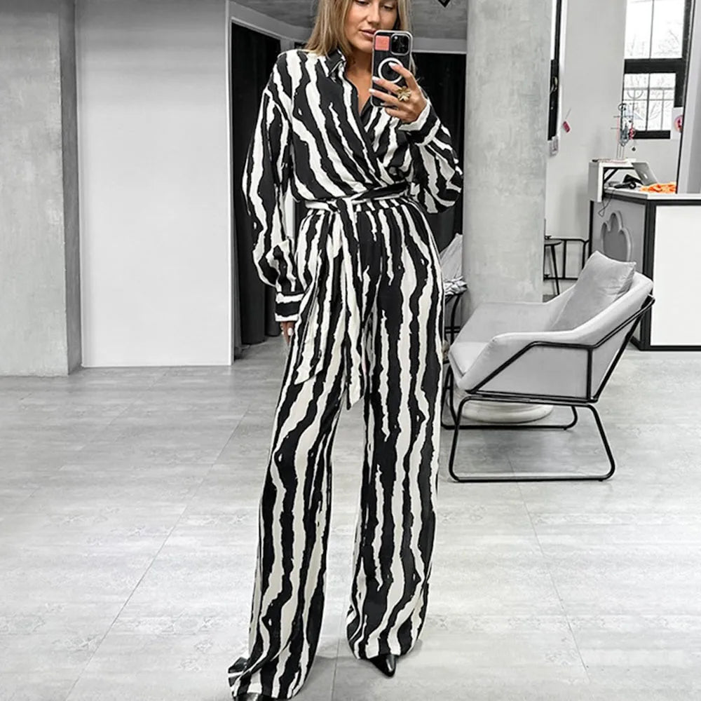Enyami Loungewear Stripe Lace-Up Fashion Casual Suit Loose Zebra-Print Long Sleeve Two Piece Women's Set