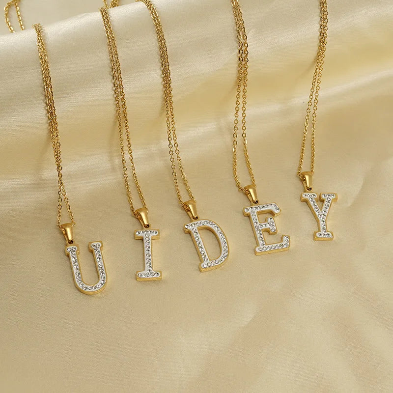 Shiny Zircon Cz Diamond 26 Alphabet Pendant Non Tarnish 18k Gold Plated Stainless Steel Initial Letter Necklace