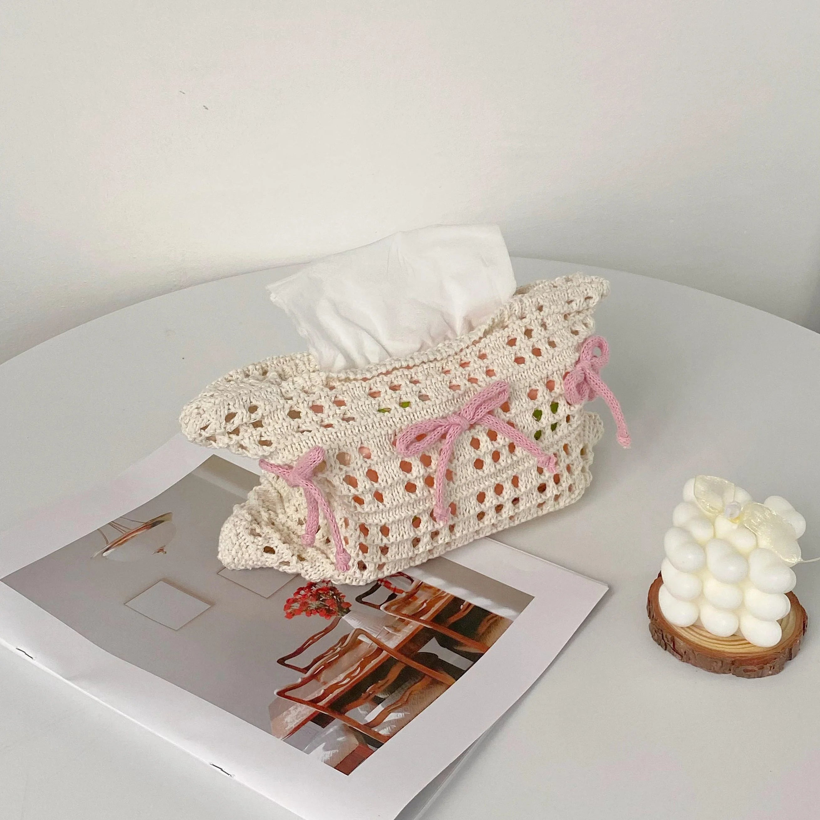 Korean Y2K Asian Zen Style Green Rectangle Shape Tissue Boxes Cute Knitted Design Portable Polyester Storage for Home Office