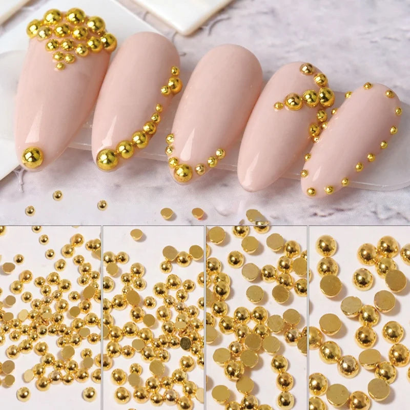 Paso Sico 100pcs/bag Metal Half Round Flat Back Gold Silver Solid Nail Art Accessories Supplies Nail Salon Products 3D