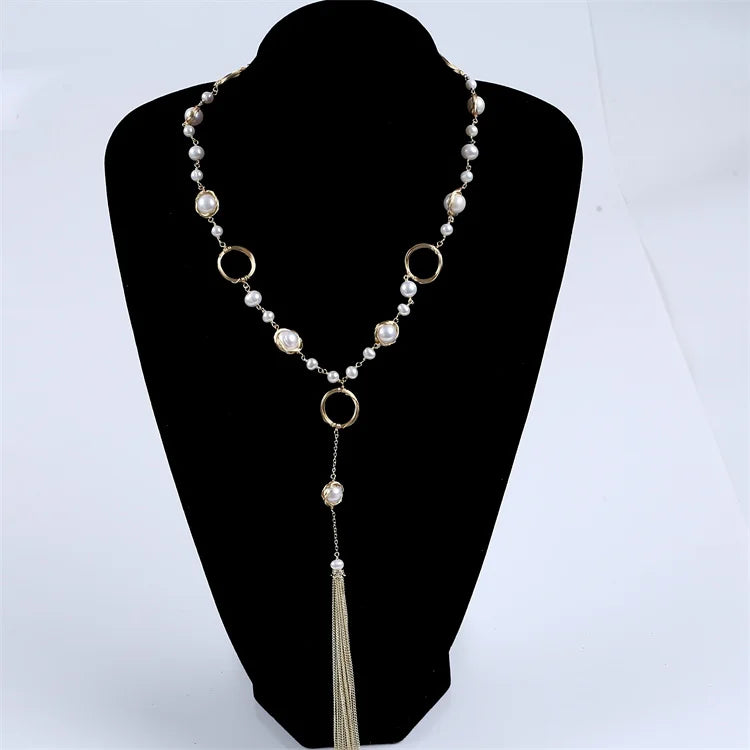 14k Gold Plating Freshwater Pearl Long Tassel Necklace Sweater Chain