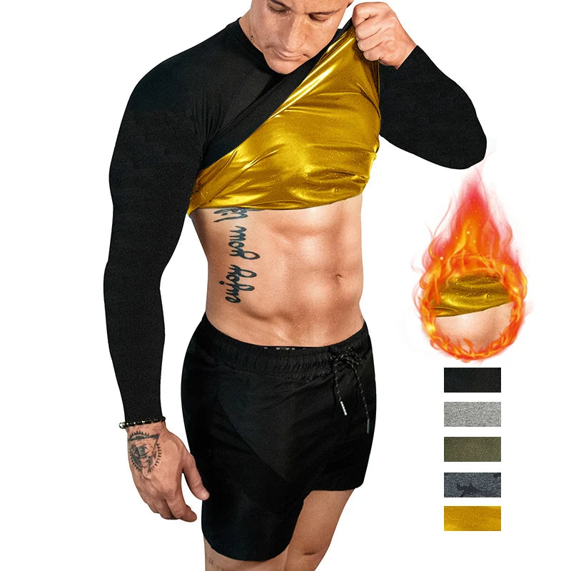 Custom Outdoor Sauna Clothes Men's Long Sleeve Fitness Wear Workout Weightless Slimming Gold- Coated Sauna Sweat T Shirt for Men