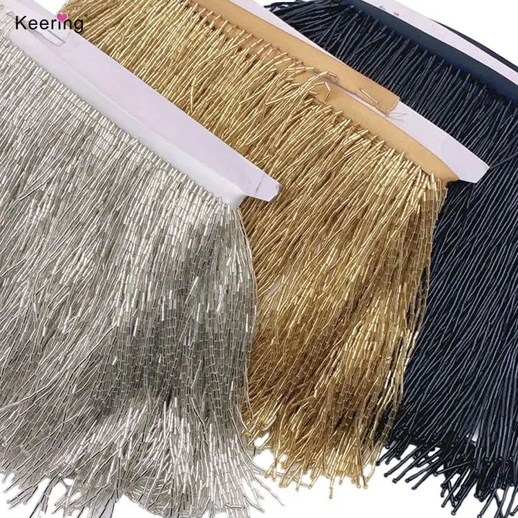 Keering 15 cm Wide Stunning Satin Heavy Glass Bead Tassels Trim Lace Fringe for DIY Accessories Home Textile Dance Ribbon