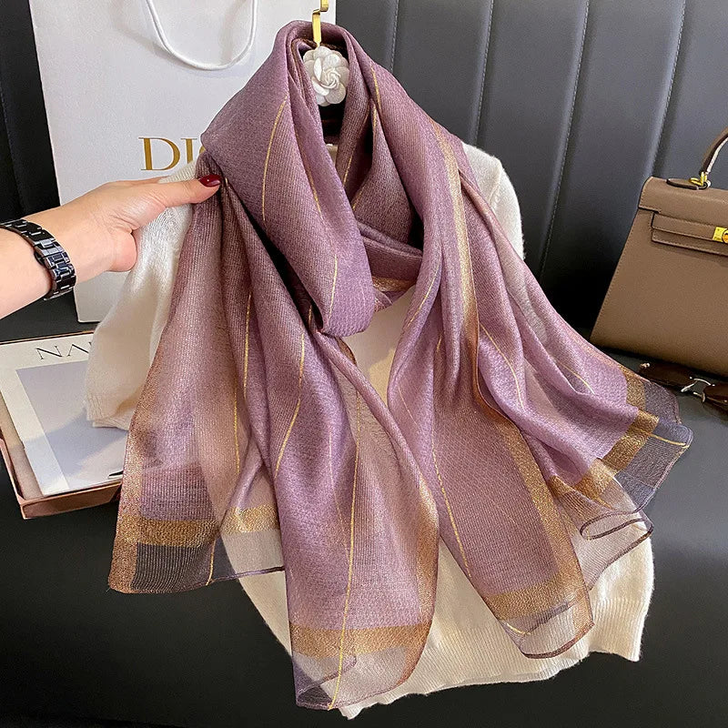 Newest Design Luxury Plain Solid Color Golden Thread Polyester Silk Organza Scarves Fashion Women Blingbling Glitter Shawls