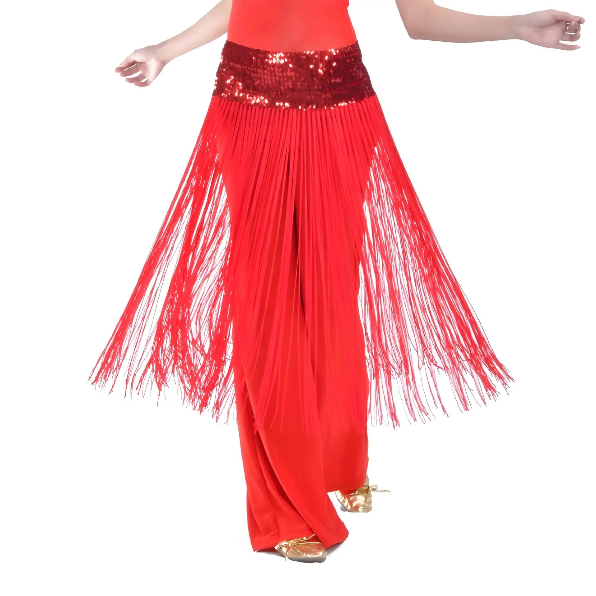 Red Elastic Sequins Long Tassels Waist Chain Belly Dance Hip Scarf Dancing Belts Costume for Women