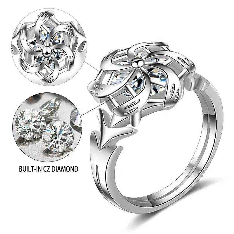 Trendy Silver Plated Windmill Rotation Ring Cubic Zircon Flower Copper Ring Women Wedding Engagement Ring Tarnish Free Jewelry