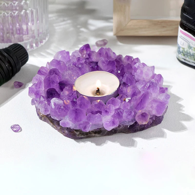 Wholesale Natural Crystal Crafts Amethyst Tooth Flower Cluster Crystal Candle Holder for Decoration