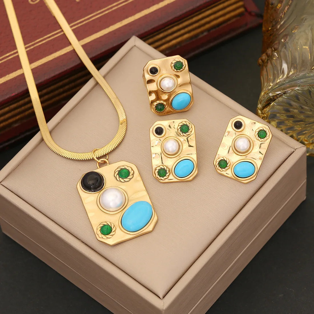 New Fashion 3Pcs 18k Gold Plated Non Tarnish Stainless Steel Turquoise Necklace Earrings Jewelry Set for Women