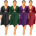 YQY10092 Latest Design Spring Summer Dress 2023 V-Neck Hollow Out Drop Lantern Sleeves A-line Dresses Women Casual Ruched Dress