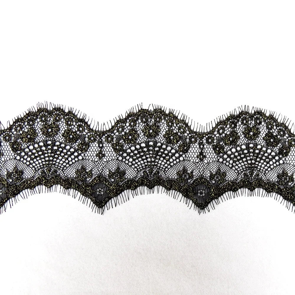 Shiny Gray and Gold Thread Border Chantilly Lace Trim for Garment LT2084B