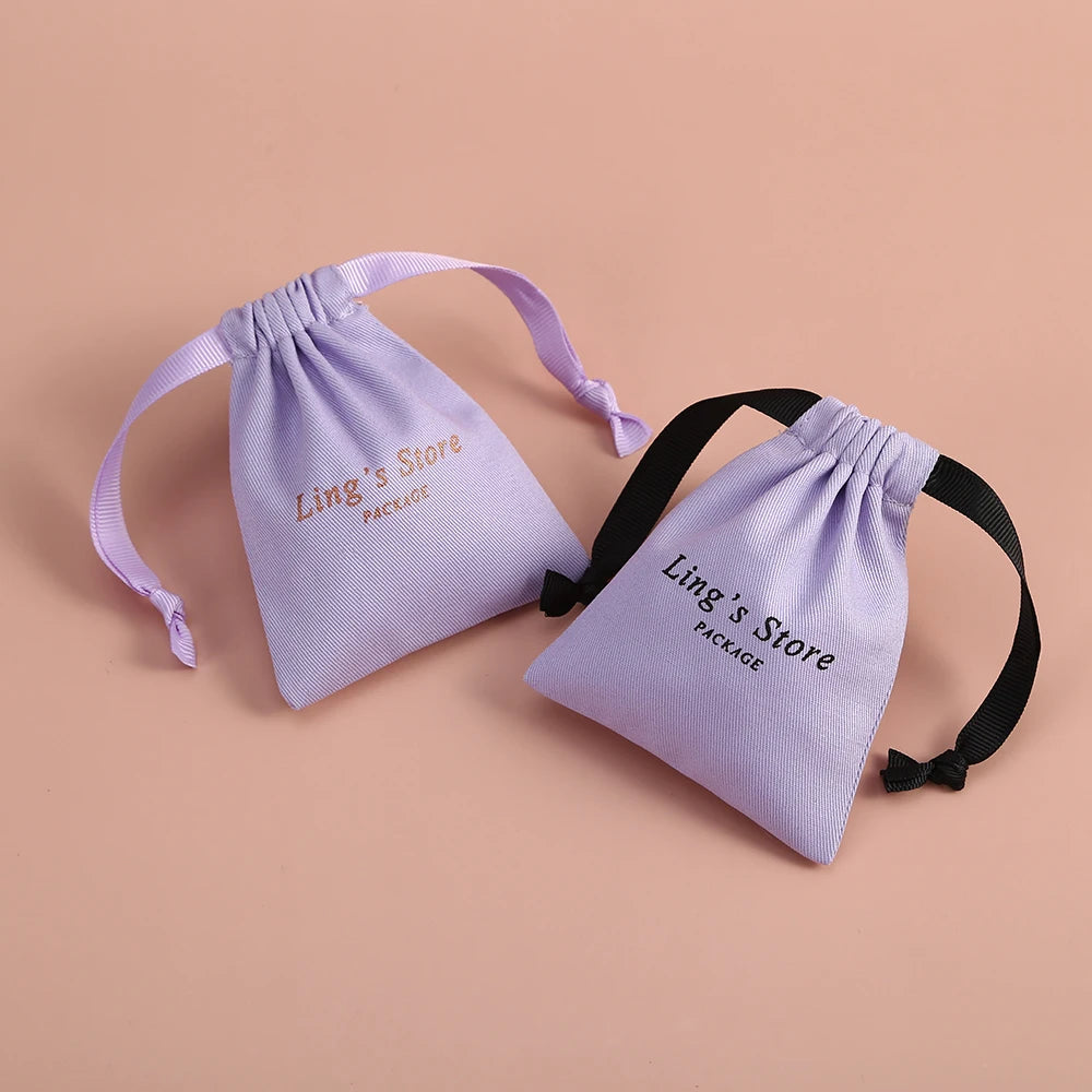 Purple Twill Cotton Canvas Drawstring Pouch 8*10 cm with Grosgrain Ribbon for Jewelry Packaging-Brooch Lipstick Dust Bag