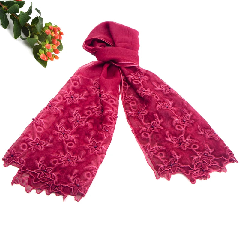 Wholesale Custom Made Embroidery Flower Beading Silk Polyester Hijab Scarf Muslim Hijab Hot Selling Scarf Silk Polyester Hijab