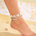 3PCS Set Summer Beach Holiday Style Braided Layered Seed Bead Conch Shell Turtle Starfish Anklet Bracelet