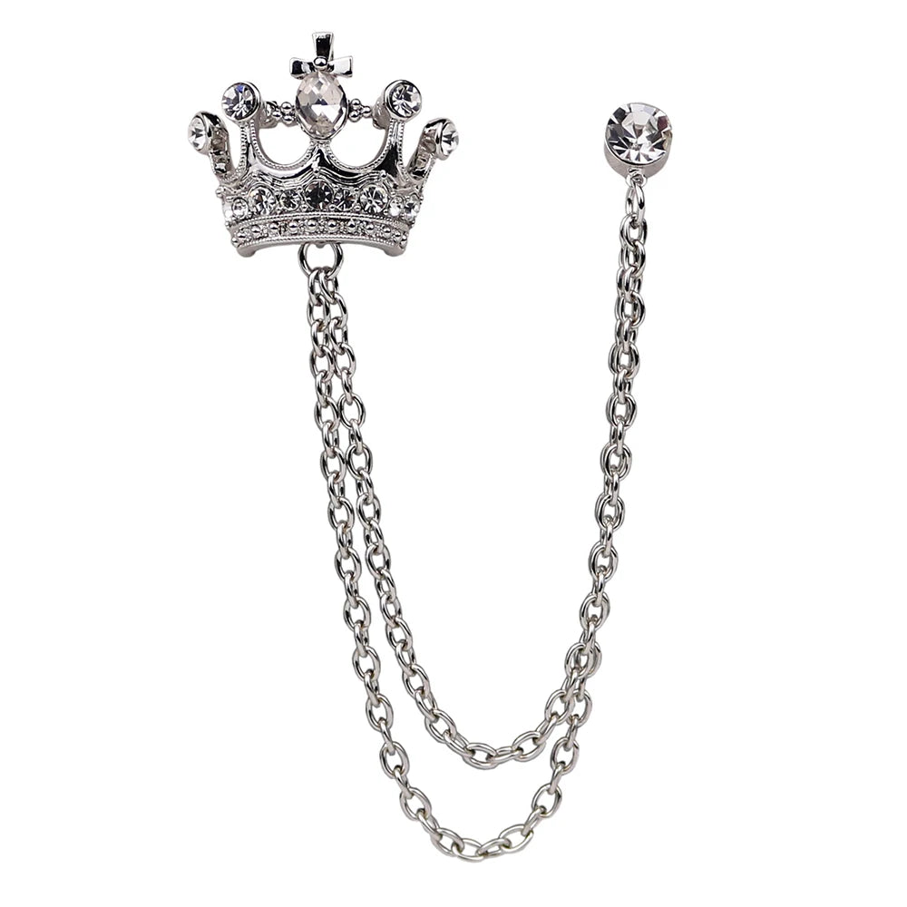 Vintage Crystal Crown Chain Pin Brooch for Men Alloy Jewelry Lapel Badge Collar Pin for Weddings & Parties Wholesale Accessory