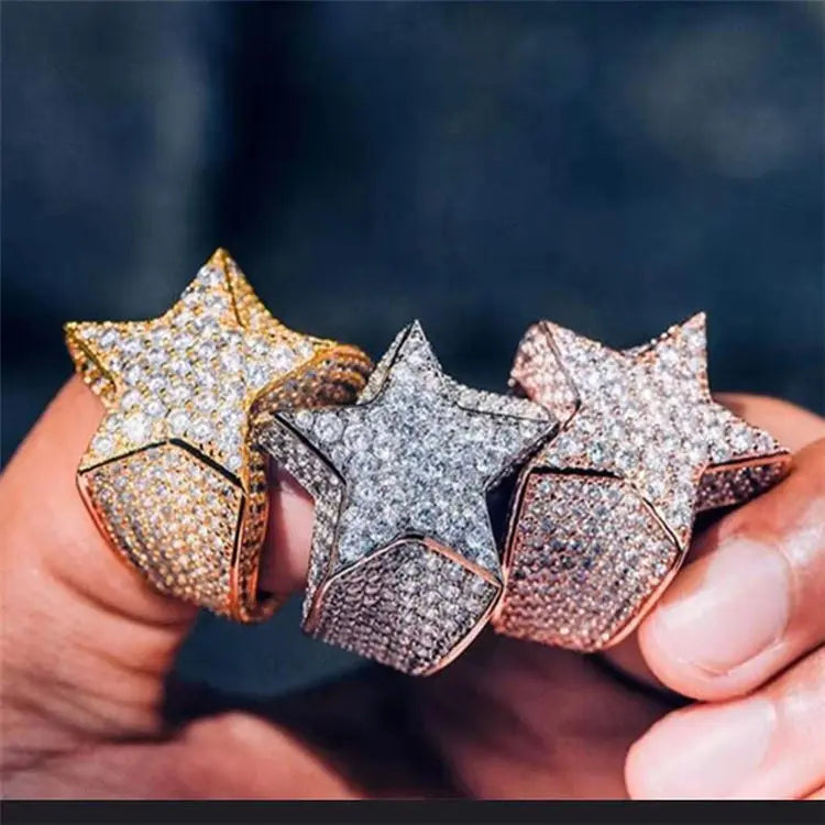 Zircon Paved Bling Crystal Diamond Five-Pointed Star Finger Rings Men Jewelry Punk Rapper Hip Hop Gold Star Ring
