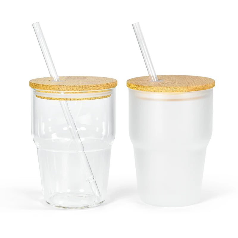 BPA Free 12oz Single Wall Clear & Frosted Glasses With Bamboo Lids Customize Logo Shot Glass With Straw
