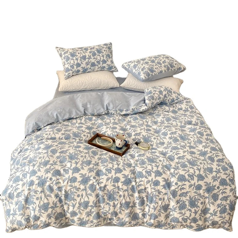 New Fashion Fresh Floral Solid Color Pure Cotton Anti-Shrinking Bedding Four-Piece Set Students Wedding