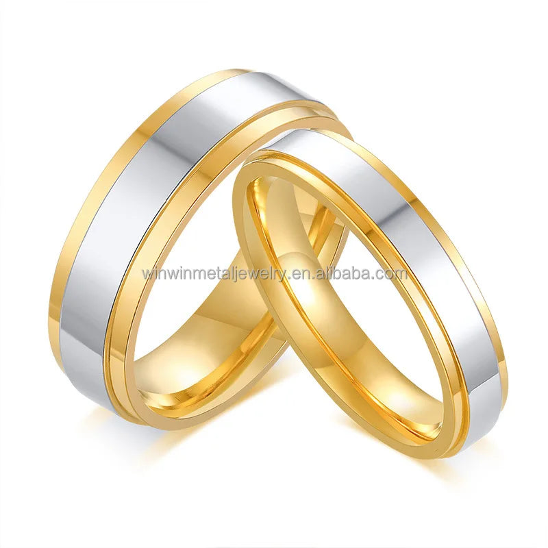 High-Polished 6mm 4mm Stainless Steel Fashion Ring Simple Silver Centre IP Gold Plated Elegant Couple Engagement Jewelry
