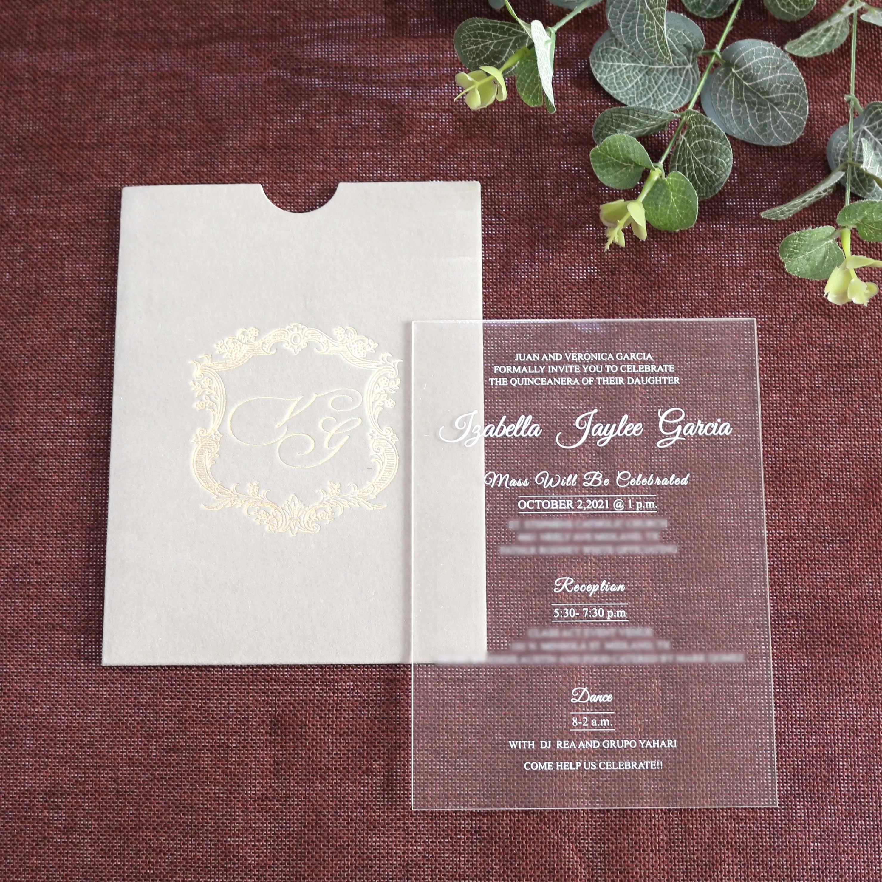 Customized Transparent Acrylic Card Silk Screen Text Pocket Envelope with Hot Stamping logo 5*7 Inch Wedding Invitation