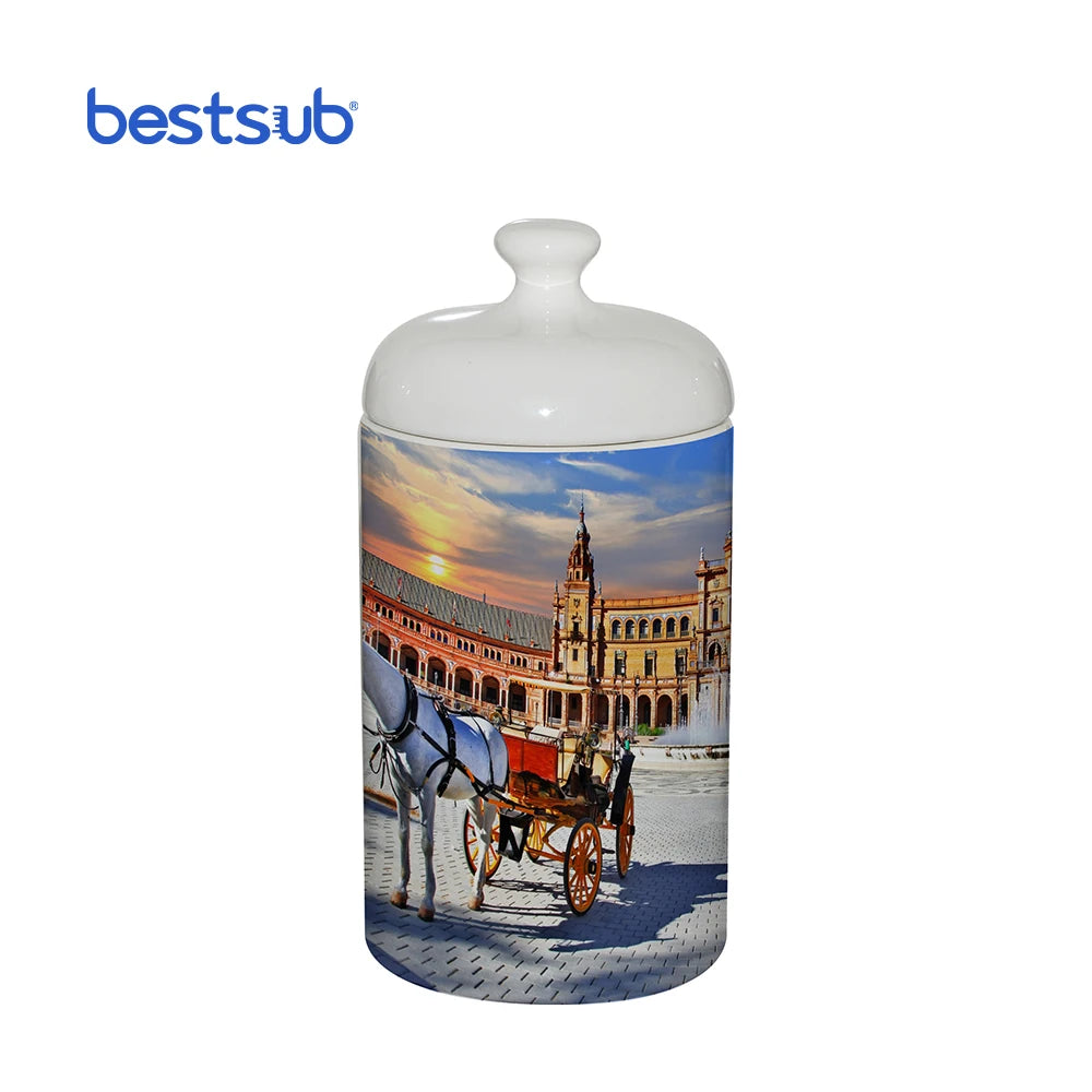 BestSub Custom Ceramic Storage Jar with Lid Wholesale Sublimation Printed for Kitchen Use Bottle-Shaped