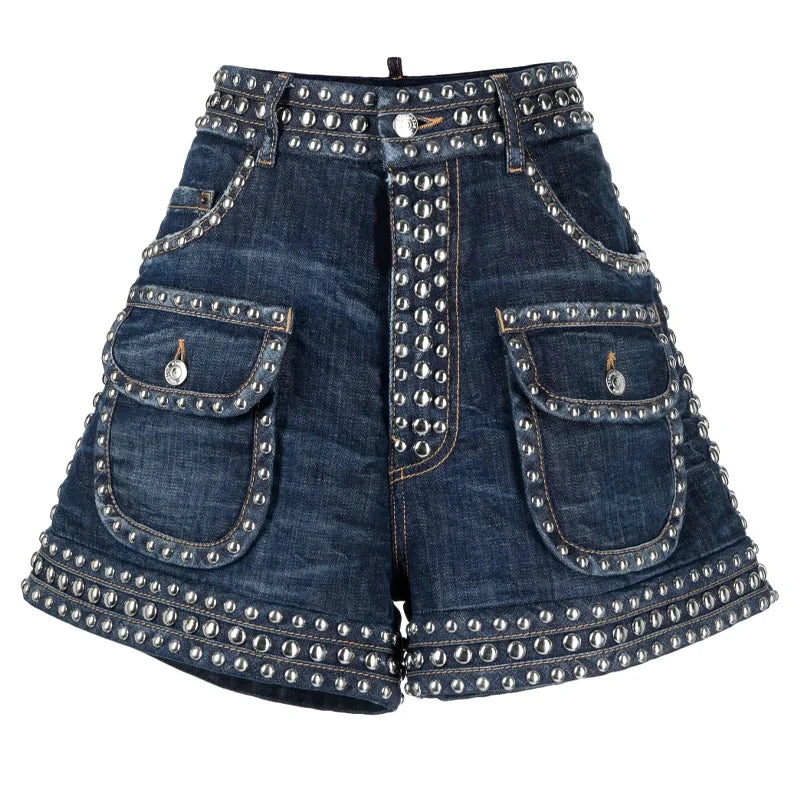 Classic Five Pocket Denim Shorts for Women OEM Willow Nail Decorative Belt Fashionable Casual Cotton Cargo Overalls Mid