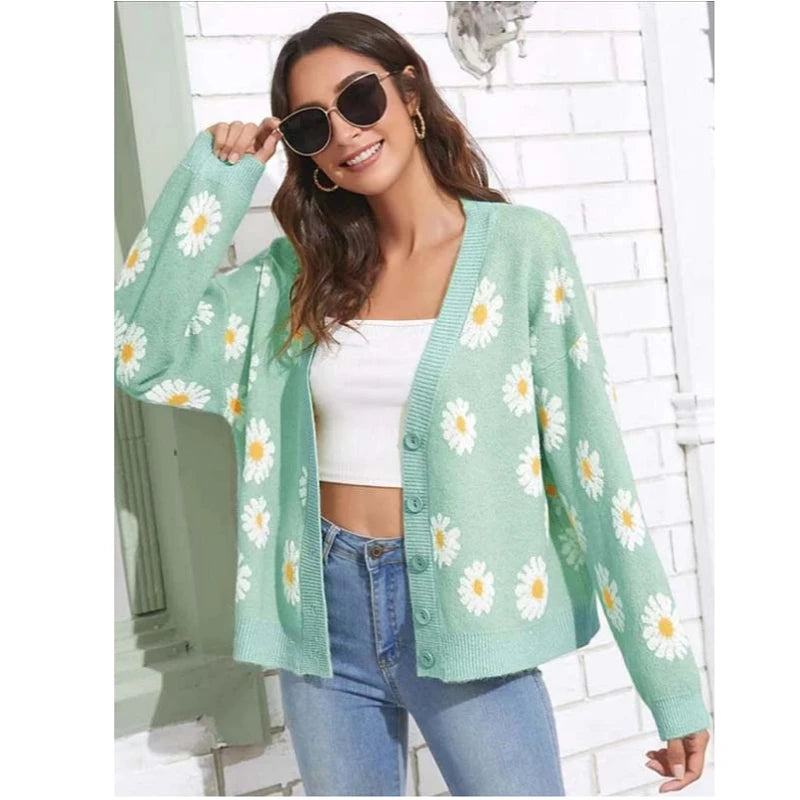 Button Front Character Pattern Cardigan for Women Knitted Open-Chest Casual Sweater for Autumn Season