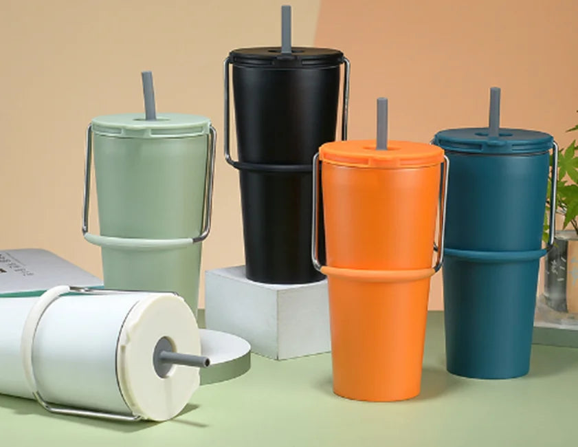 Leakproof Lid Straw Handle 600ml Double Wall Coffee Insulated Cup Portable Water Bottle Stainless Steel Vacuum Insulated Cup