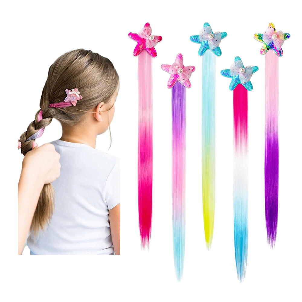 Wholesale Hand-made Star Kids Hair Accessories Straight Colored Hair Ponytail Extension Clips for Girls