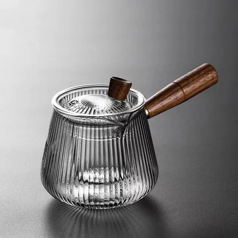 Wholesale Transparent Borosilicate Glass Tea Kettle 400ml Eco-Friendly Heat Resistant Filter Wooden Handle Coffee Tea Sets