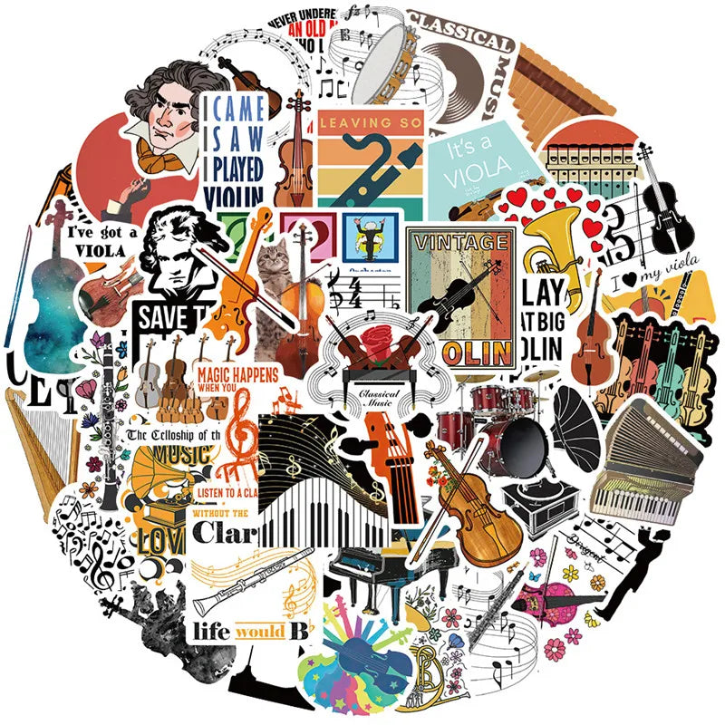 52pcs Orchestral Aesthetic Vinyl Stickers for Teens Boys Girls Adults-Water Bottles Guitar Violin Cartoons on Display