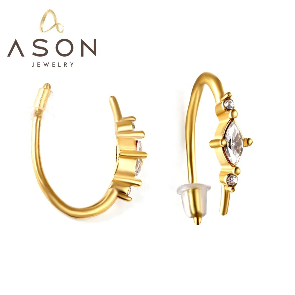 Ason High Quality Waterproof Non Tarnish Geometric U Shaped Earrings Ladies 18K Gold Plated Stainless Steel Zircon Hoop Earrings