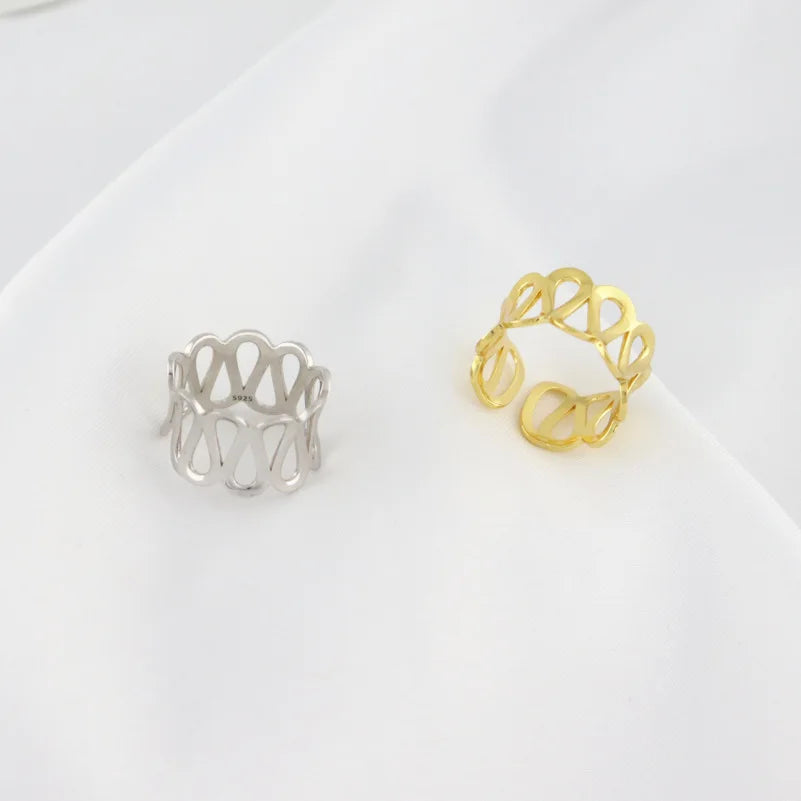 18K Gold-Plated 925 Sterling Silver Wide Rings Stylish Hollow Geometric Chain Twisted Opening for Weddings Anniversaries