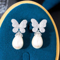 Micro Pave Cubic Zirconia Stone Lovely Women Daily Engagement and Party Dangle Butterfly Cuff Drop Earrings with Pearl Jewelry