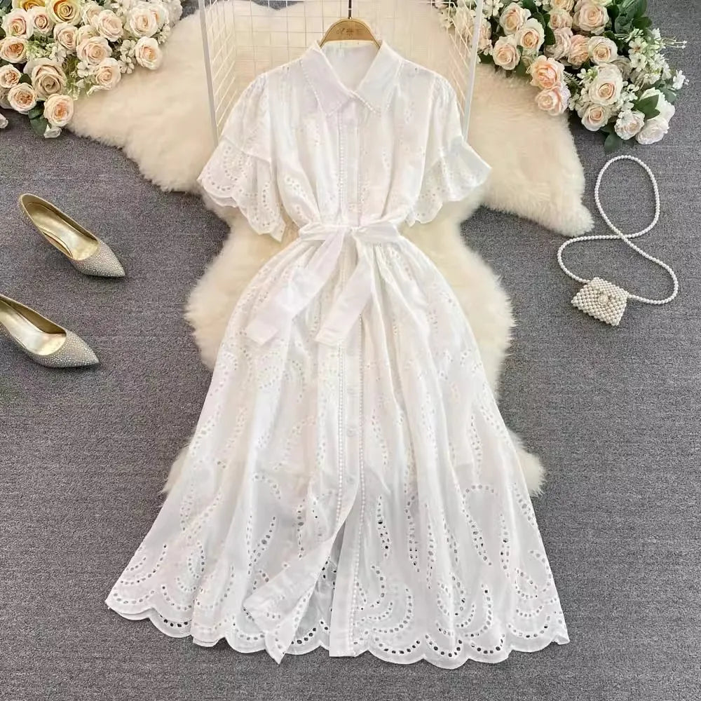 Vintage Elegant A-Line Dress with Wind Lotus Leaf Sleeves Large Swing Long Skirt Waist Cut-Out-One Size Button Sashes Decoration