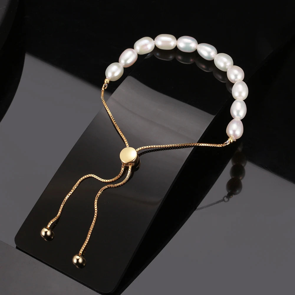 RINNTIN Natural Pearl Bracelet 14K Gold Plated 925 Sterling Silver Charm Freshwater Pearl Beads Bracelets Set Women's Jewelry