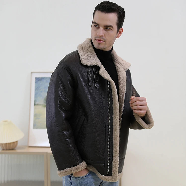 Flying Real Shearling Fur Leather Jacket Plus Size Sheepskin Fur Coat Men