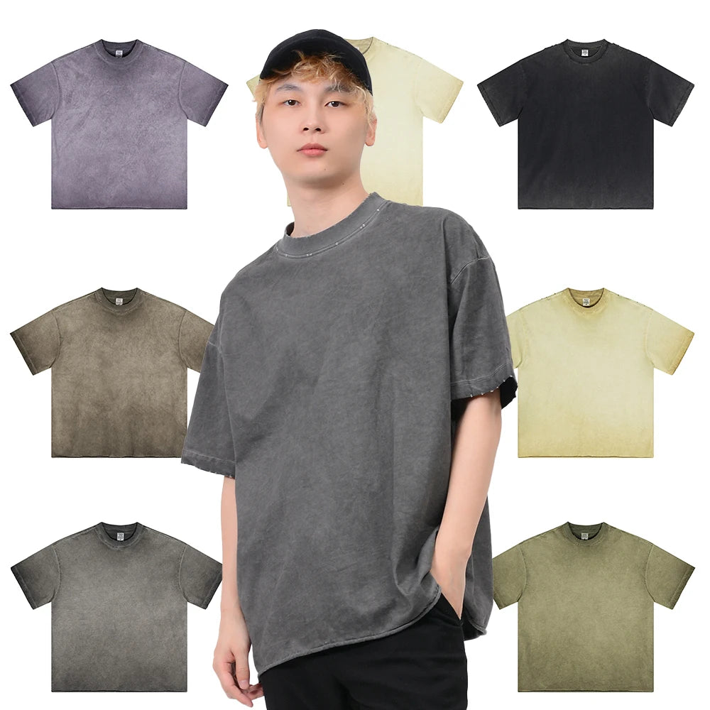 Wholesale High Quality Boxy Streetwear T-shirt Blank 100% Cotton Sun Faded Distressed Vintage Washed T Shirt