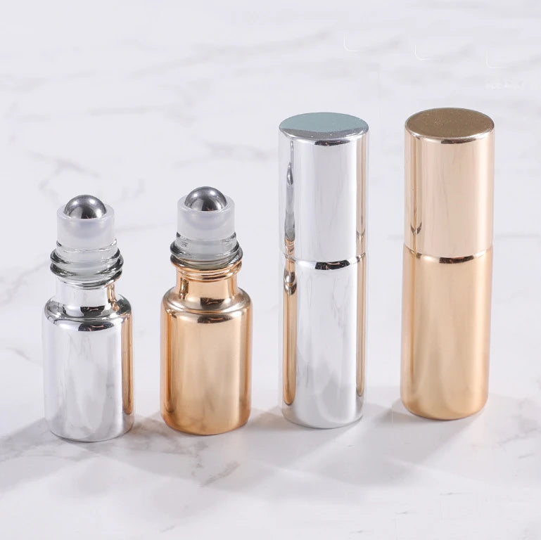 Silver UV 5ml 10ml Slim Empty Perfume Packaging Essential Oil Steel Roller Glass Roll on Bottle Black with Metal Cap