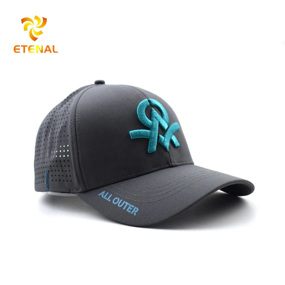 Custom 6 Panel Embroidery Logo Baseball CapWaterproof Laser Cut Drilled Hole Perforated Polyester HatCurved Brim Sports Caps