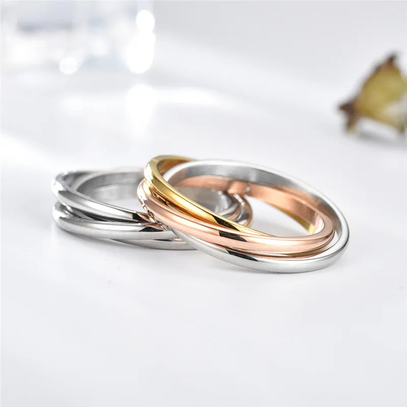 Fashion Original Geometry Jewelry Tricyclic Couple Ring for Women and Men Stainless Steel Three-colour Rings Jewelry
