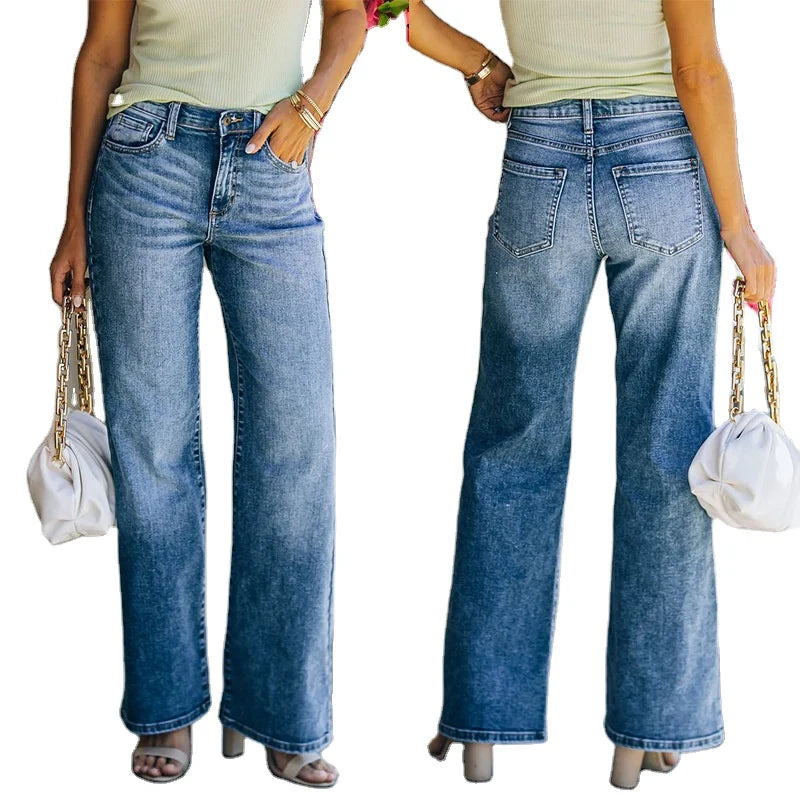 Women Wholesale Vintage Wide Leg Pants Trousers High Waist Casual Loose Washed Denim Jeans Pants
