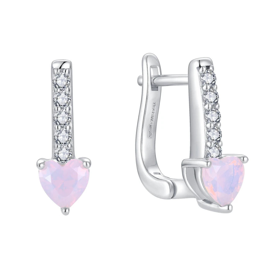 YILUN 925 Sterling Silver Rhodium Plated Heart-shaped Pink Opal Earrings