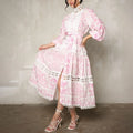 2023 New Autumn Eco-Friendly Woven Stand-up Collar Lantern Sleeves Hollow Embroidery Splicing Floral Printed A-Line Midi Dress