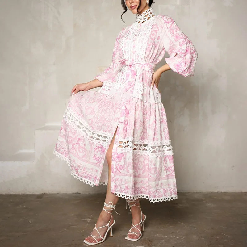 2023 New Autumn Eco-Friendly Woven Stand-up Collar Lantern Sleeves Hollow Embroidery Splicing Floral Printed A-Line Midi Dress
