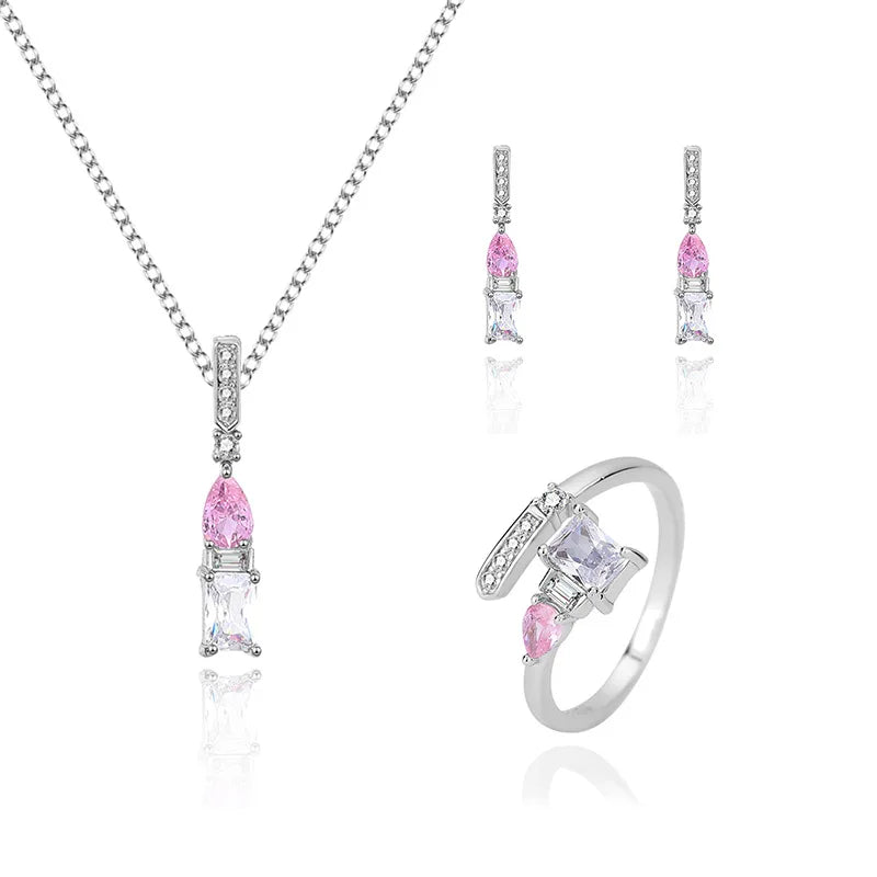 Hot Selling Fashion Custom Sterling Silver 925 pink Cubic Zirconia CZ square Pendant Necklace Earrings Ring Jewelry Set