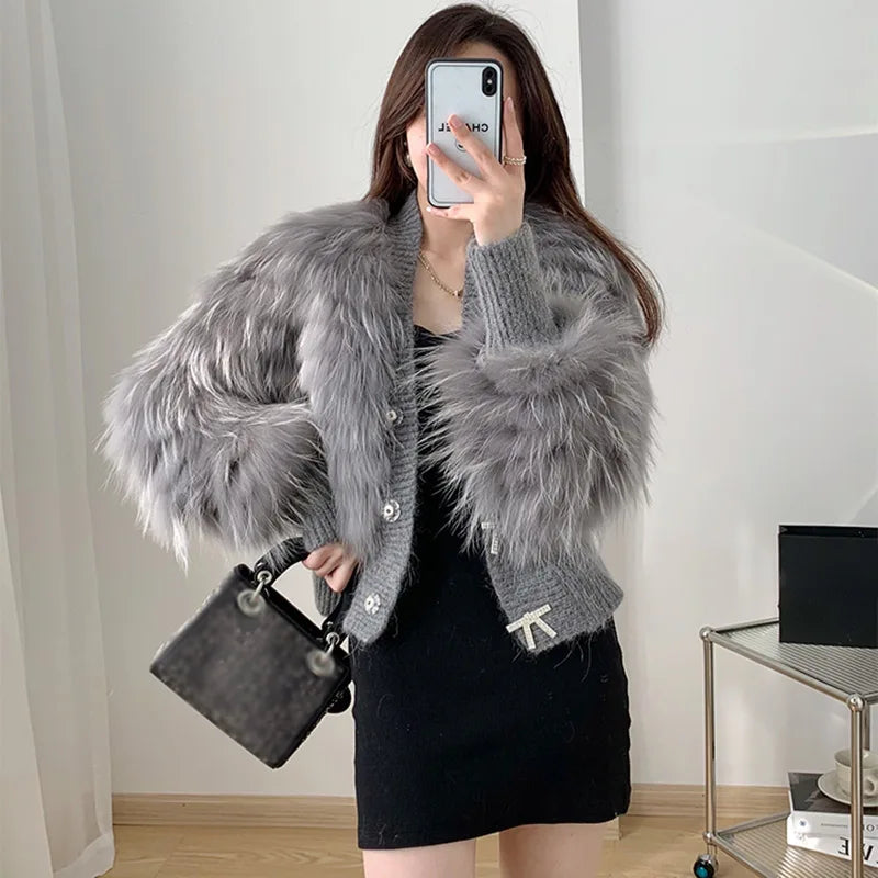 Fashion Design Winter Knitted Fur Cardigan Real Raccoon Fur Coat Women With Bow