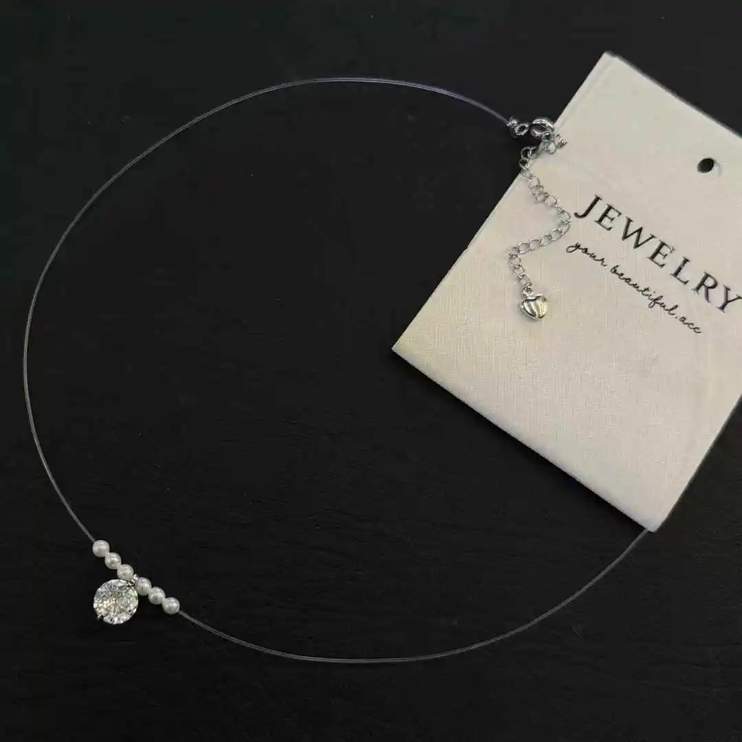 Nylon Rope Beaded Chain AAA Grade Natural Freshwater Pearls (3-4mm) 8mm Zirconia Crystal Pendant Silver Plated Women's Necklace