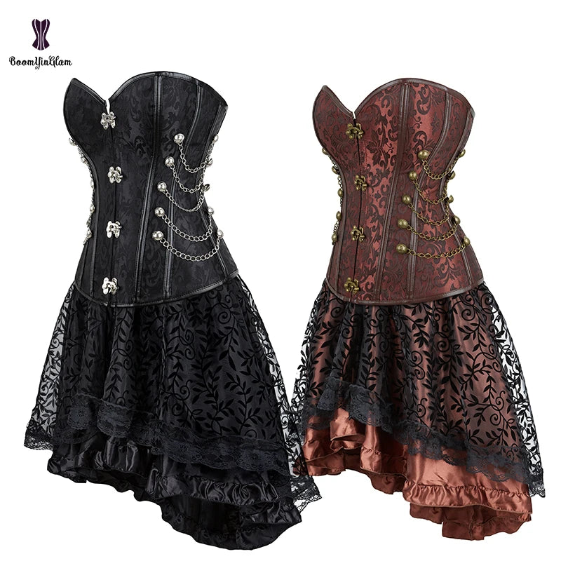 Front 4 Locks Closure 12 Steel Bone Corset Top With Vintage Skirt Steampunk Gothic Corset Dress Women Sexy Clothing
